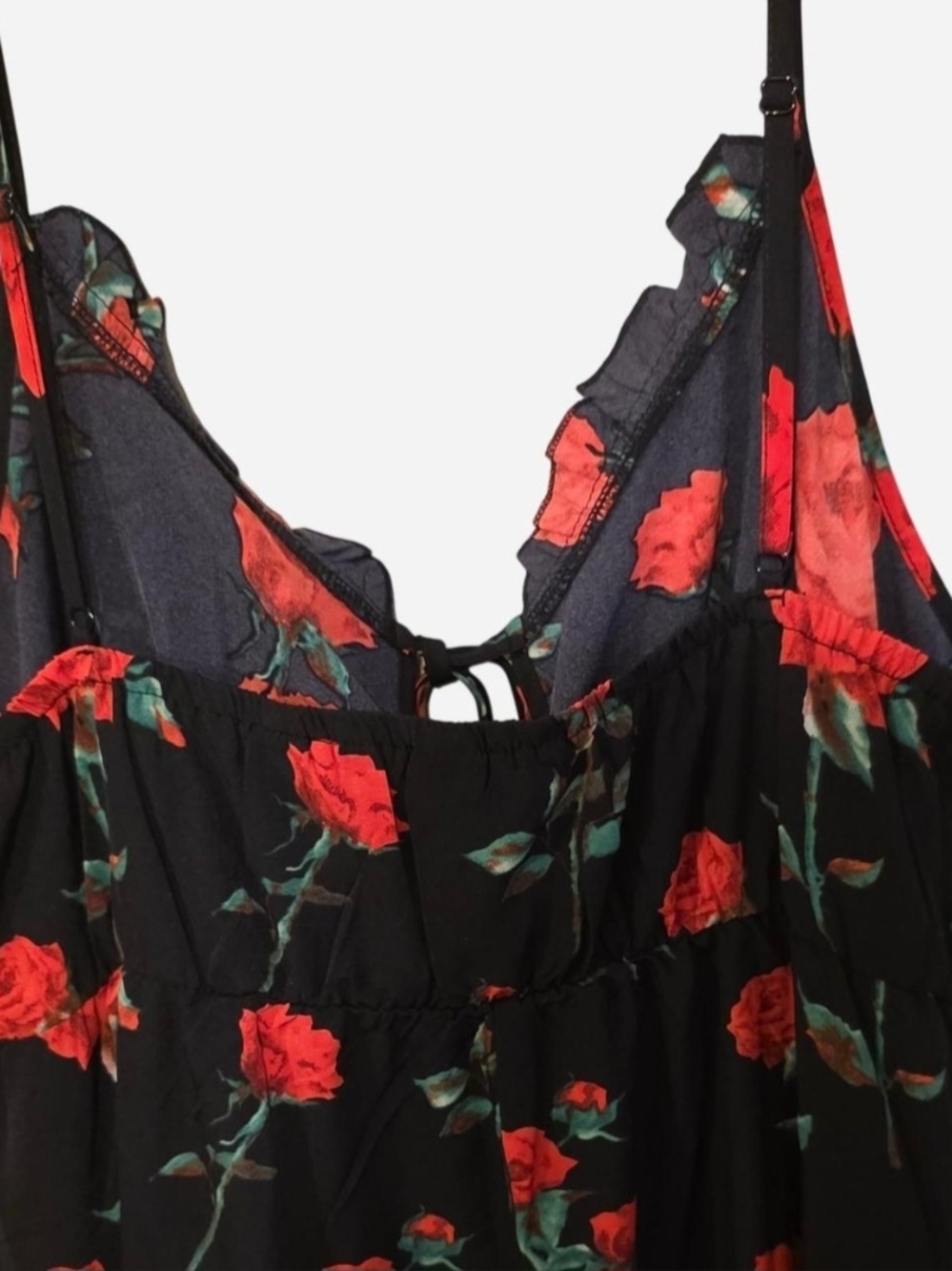 SHEIN Curve Black Midi Slip Dress w/Red Rose Print Ruffule & Tie Detail - Picture 4 of 11